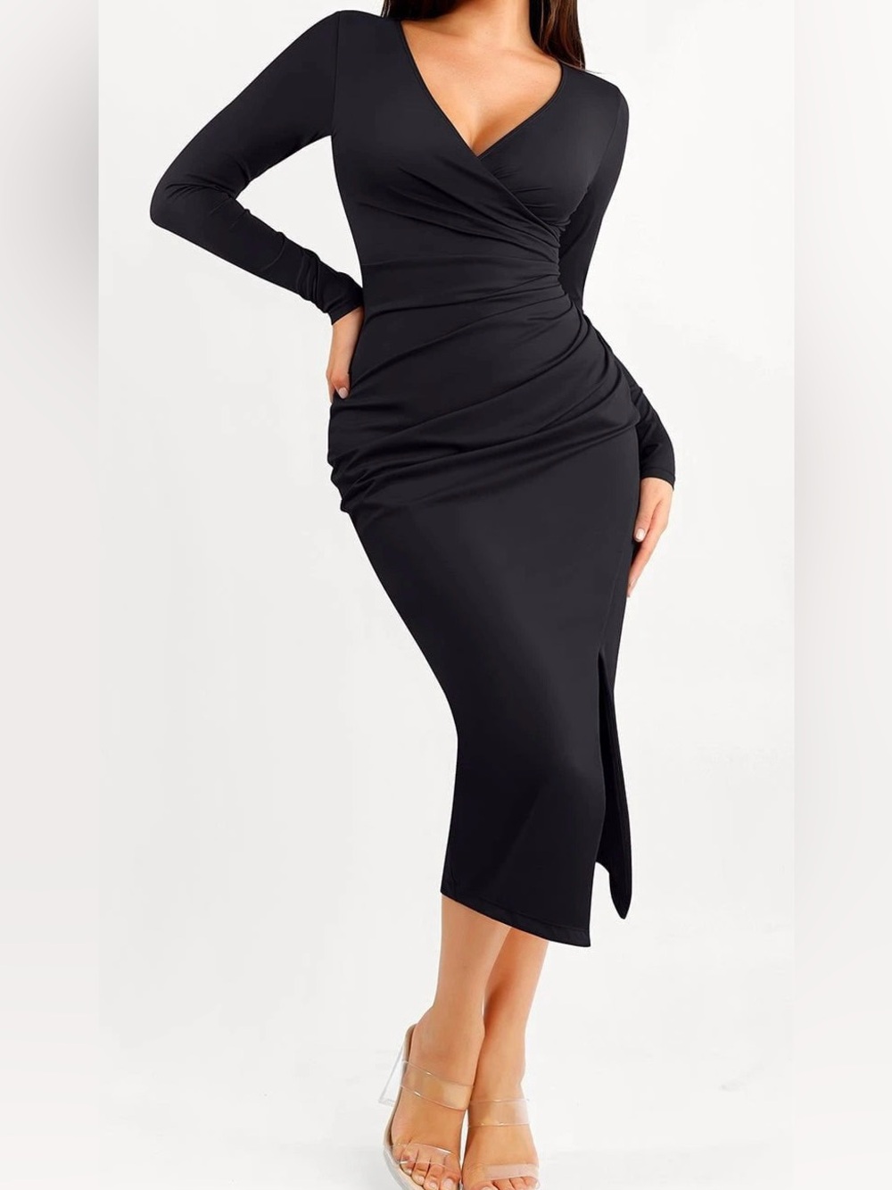 Shapewear Ruched Long Sleeve Faux Wrap Slimming Midi Dress
